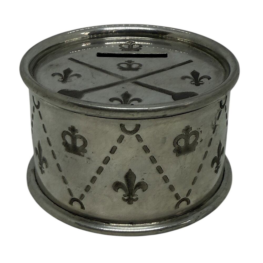 Edwin Blyde Sheffield Round 3 3/8” Pewter Bank Crowns Fleur de Lis Design